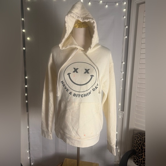 Cream Smiley Face Hoodie Unisex Medium - Picture 1 of 9